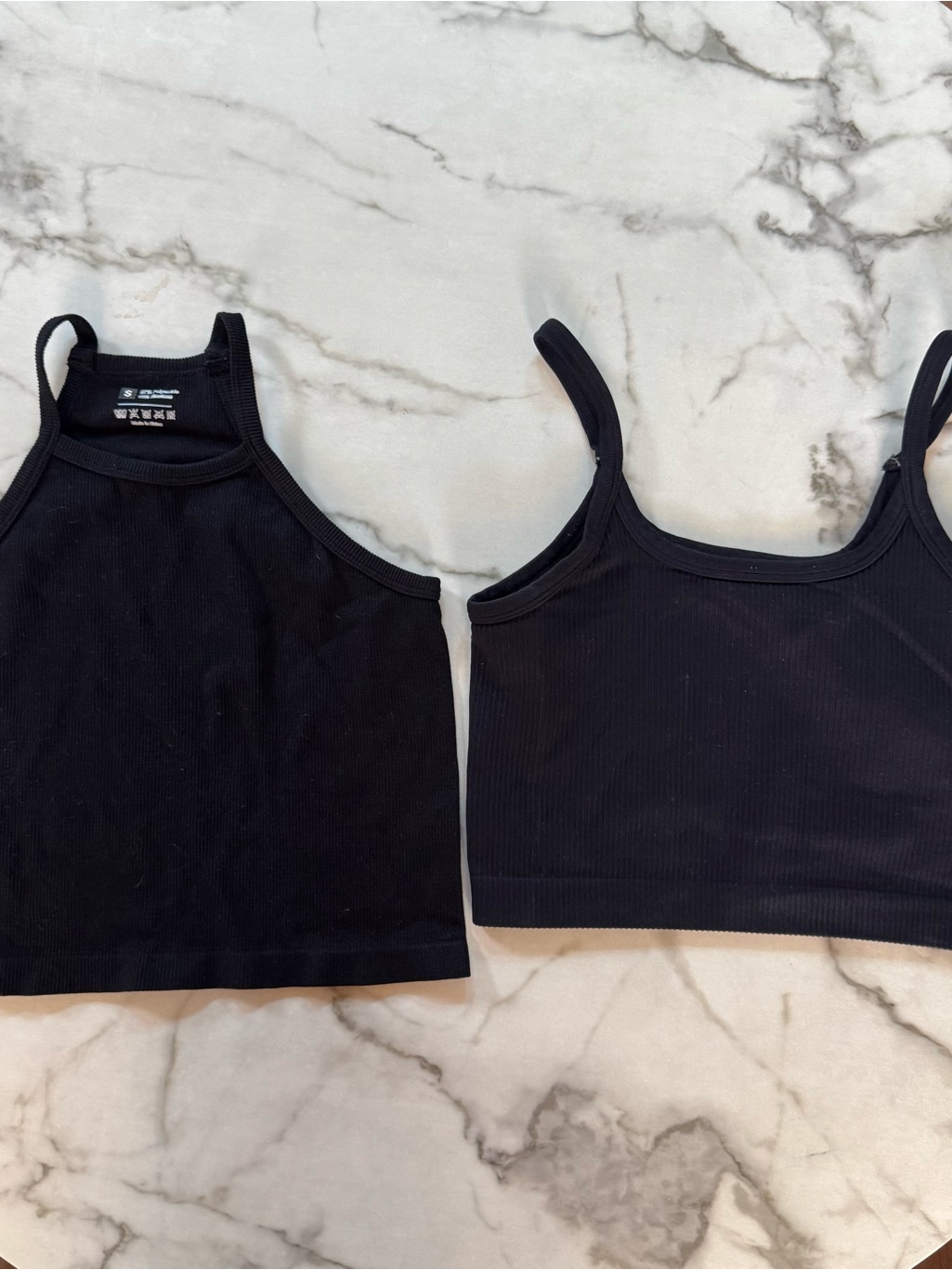 Two Black Ribbed Crop Tank Tops
